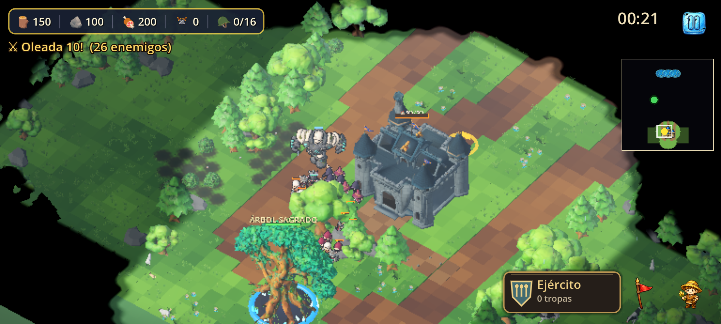 Supervivencia en Ashenreign: una oleada de enemigos se acerca al castillo y al Árbol Sagrado, con recursos y minimapa en pantalla
