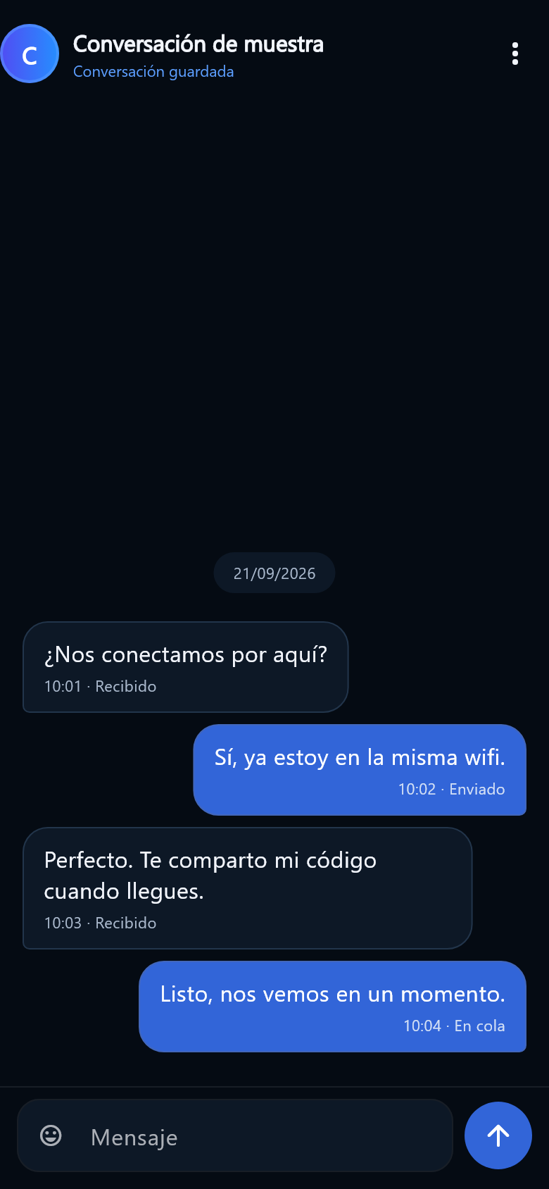 Pantalla de Hermesh con una conversación de muestra y burbujas de mensajes azules