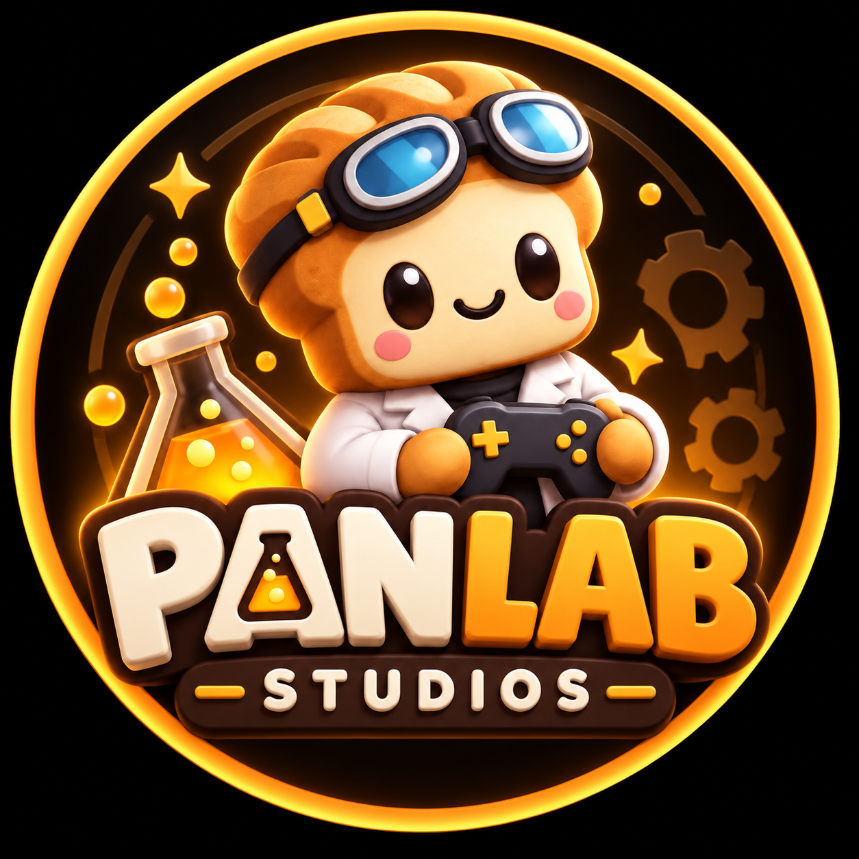 PanLab Studios: nuestra mascota de pan con gafas y un control de videojuegos